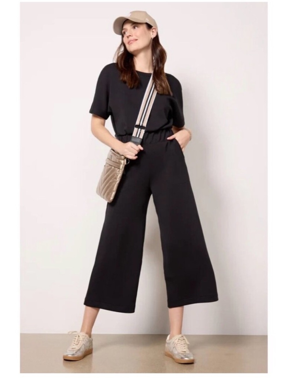 Spanx 50625R AirEssentials Cropped Wide Leg Jumpsuit in Black Aireluxe L petite